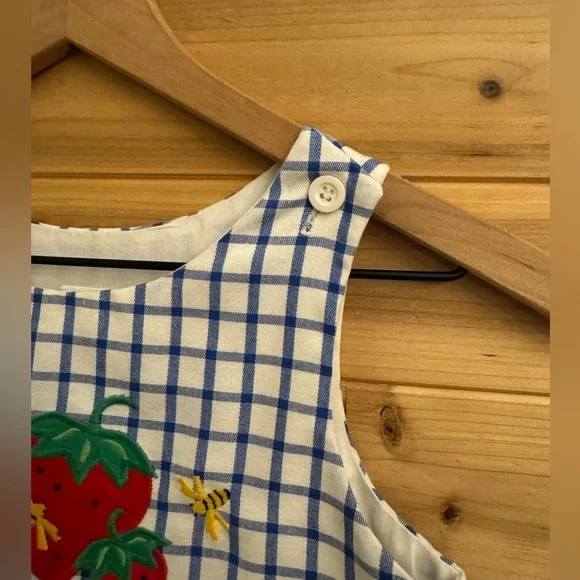 Vintage Kelly’s Kids Size 7 Blue White Gingham Strawberry Bee Tank Dress Summer - Picture 2 of 9